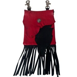 Red Black Raw EdgeLeather W/Fringe Hip Clip On Belt Bag Cell Phone Biker Chic